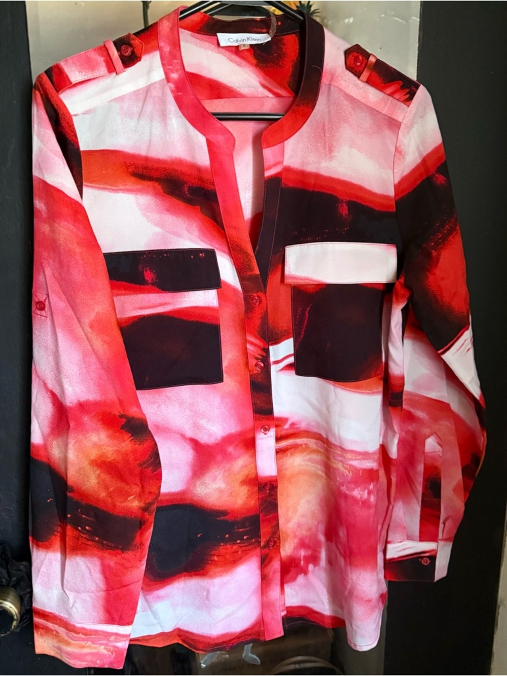 Calvin Klein Red and Pink Abstract Silk-Blend Blouse